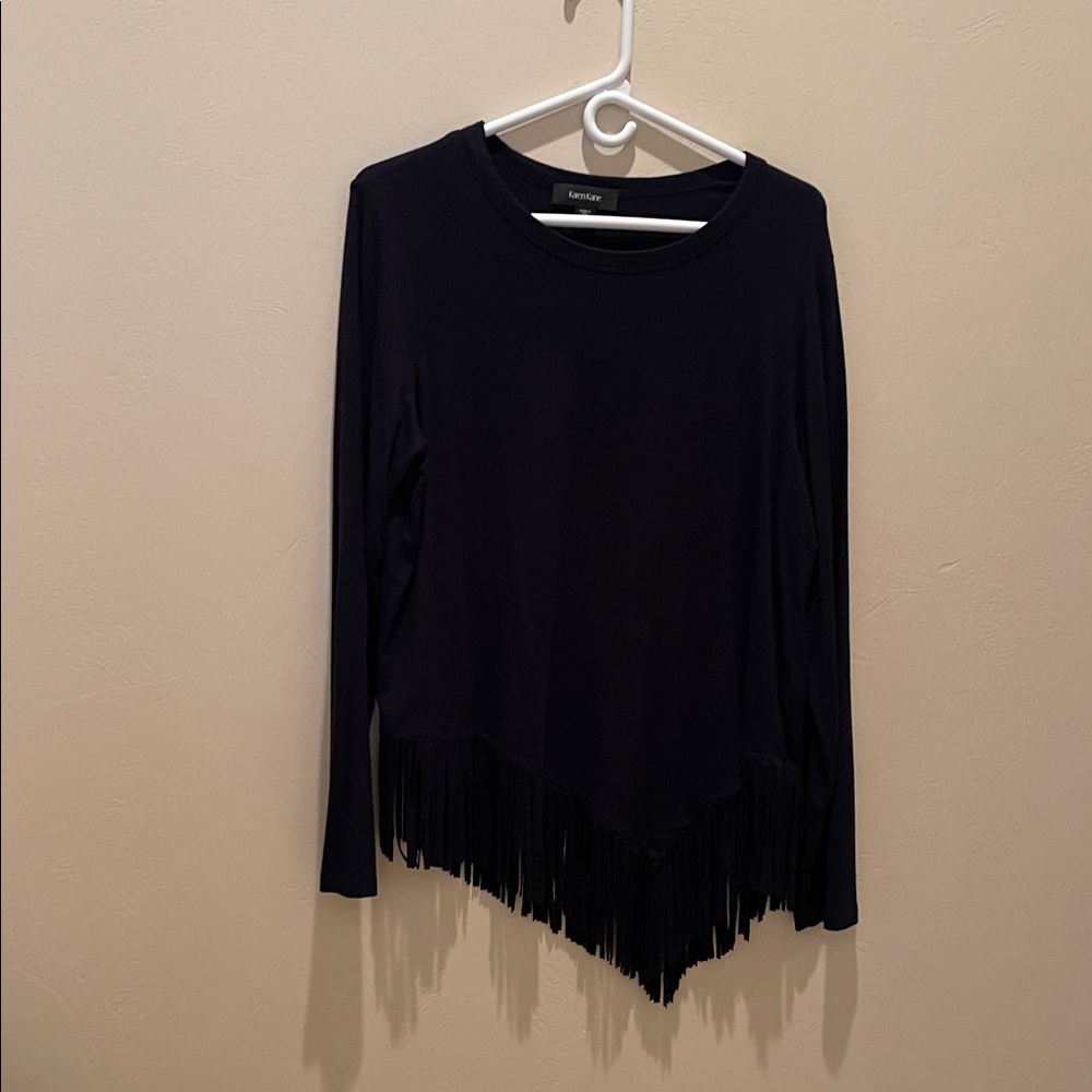 Karen Kane Navy Long Sleeve Fringe Asymmetrical Top